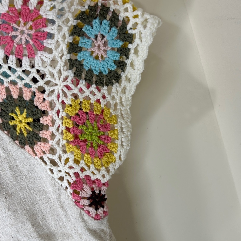 UMGEE Frayed Hem Linen Blend Colorful Crochet Sleeve Boho Tunic Top Size Small - Picture 13 of 14